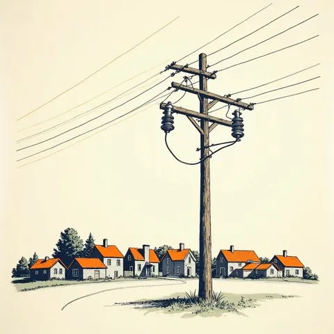 Telephone pole with wires running to a small town, printed in navy and orange
